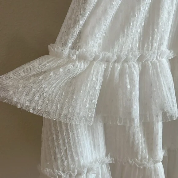HER EMPIRE White Ruffled Tiered Mini Dress Size Large | Deep V Neck - Picture 6 of 8
